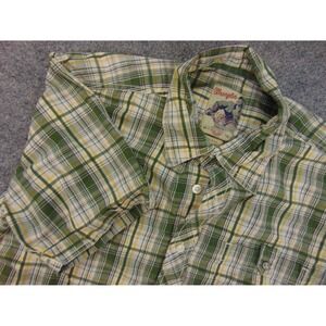 VTG Wrangler Shirt Mens Large Green Yellow Plaid Short Sleeve Western Cowboy
